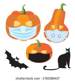 Halloween pumpkin in medical mask, black bat, cat isolated on white background for design. Flat vector stock illustration as collection or set as concept of pandemic, celebration, halloween party