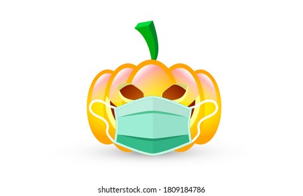 Halloween pumpkin in medical mask, vector art illustration.