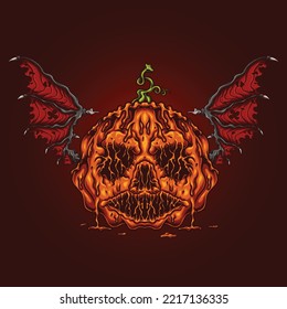 halloween pumpkin melting with wings vector illustration