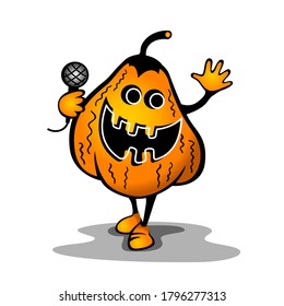 Halloween. Pumpkin with a microphone. Color drawing. Funny print for stickers and decor.