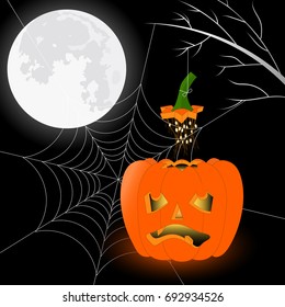 Halloween pumpkin at midnight with a full moon; removal of the brain