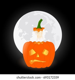 Halloween pumpkin at midnight with a full moon; removal of the brain; vector