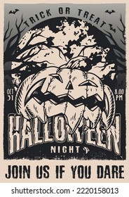 Halloween pumpkin monochrome poster vintage party invitation October 31st with Jack-o-lantern face and trick or treat slogan vector illustration