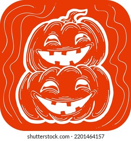 Halloween pumpkin monster head hand drawn illustration. Big round orange pumpkin. Cute and scary face ghost. Poster print design, party decoration, invitation deco. Vector drawing.