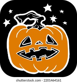 Halloween pumpkin monster head hand drawn illustration. Big round orange pumpkin. Cute and scary face ghost. Poster print design, party decoration, invitation deco. Vector drawing.