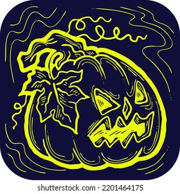 Halloween pumpkin monster head hand drawn illustration. Big round orange pumpkin. Cute and scary face ghost. Poster print design, party decoration, invitation deco. Vector drawing.