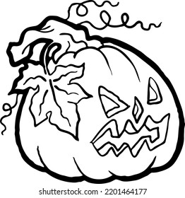 Halloween pumpkin monster head hand drawn illustration. Big round orange pumpkin. Cute and scary face ghost. Poster print design, party decoration, invitation deco. Vector drawing.