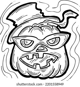 Halloween pumpkin monster head hand drawn illustration. Big round orange pumpkin. Cute and scary face ghost. Poster print design, party decoration, invitation deco. Vector drawing.
