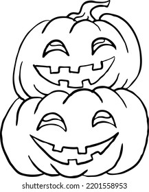 Halloween pumpkin monster head hand drawn illustration. Big round orange pumpkin. Cute and scary face ghost. Poster print design, party decoration, invitation deco. Vector drawing.