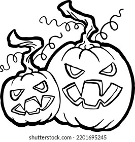 Halloween pumpkin monster head hand drawn illustration. Big round orange pumpkin. Cute and scary face ghost. Poster print design, party decoration, invitation deco. Vector drawing.