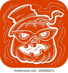 Halloween pumpkin monster head hand drawn illustration. Big round orange pumpkin. Cute and scary face ghost. Poster print design, party decoration, invitation deco. Vector drawing.