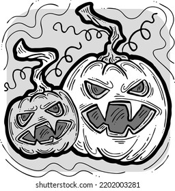 Ilustración de la mano del monstruo de la calabaza de Halloween. Calabaza naranja redonda grande. Fantasma de cara linda y aterradora. Diseño de impresión de afiches, decoración de fiestas, invitación deco. Dibujo de vectores.