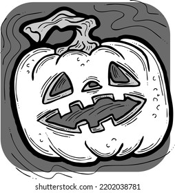 Halloween pumpkin monster head hand drawn illustration. Big round orange pumpkin. Cute and scary face ghost. Poster print design, party decoration, invitation deco. Vector drawing.
