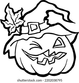 Halloween pumpkin monster head hand drawn illustration. Big round orange pumpkin. Cute and scary face ghost. Poster print design, party decoration, invitation deco. Vector drawing.