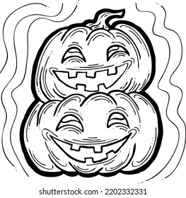 Halloween pumpkin monster head hand drawn illustration. Big round orange pumpkin. Cute and scary face ghost. Poster print design, party decoration, invitation deco. Vector drawing.