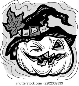 Halloween pumpkin monster head hand drawn illustration. Big round orange pumpkin. Cute and scary face ghost. Poster print design, party decoration, invitation deco. Vector drawing.