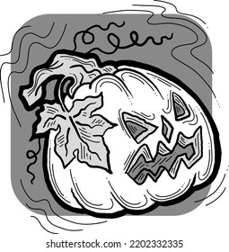 Halloween pumpkin monster head hand drawn illustration. Big round orange pumpkin. Cute and scary face ghost. Poster print design, party decoration, invitation deco. Vector drawing.