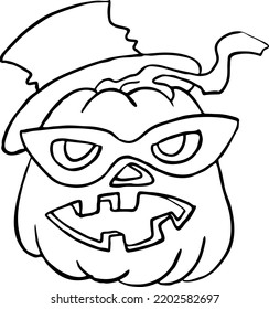 Halloween pumpkin monster head hand drawn illustration. Big round orange pumpkin. Cute and scary face ghost. Poster print design, party decoration, invitation deco. Vector drawing.