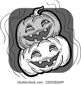 Halloween pumpkin monster head hand drawn illustration. Big round orange pumpkin. Cute and scary face ghost. Poster print design, party decoration, invitation deco. Vector drawing.