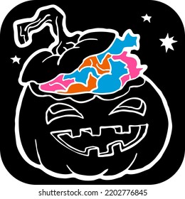 Halloween pumpkin monster head hand drawn illustration. Big round orange pumpkin. Cute and scary face ghost. Poster print design, party decoration, invitation deco. Vector drawing.