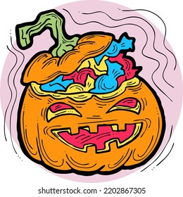 Halloween pumpkin monster head hand drawn illustration. Big round orange pumpkin. Cute and scary face ghost. Poster print design, party decoration, invitation deco. Vector drawing.