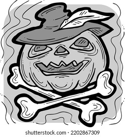 Halloween pumpkin monster head hand drawn illustration. Big round orange pumpkin. Cute and scary face ghost. Poster print design, party decoration, invitation deco. Vector drawing.