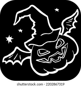 Halloween pumpkin monster head hand drawn illustration. Big round orange pumpkin. Cute and scary face ghost. Poster print design, party decoration, invitation deco. Vector drawing.
