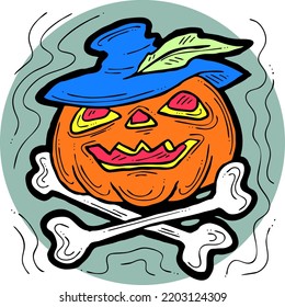 Halloween pumpkin monster head hand drawn illustration. Big round orange pumpkin. Cute and scary face ghost. Poster print design, party decoration, invitation deco. Vector drawing.