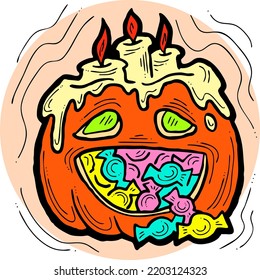 Halloween pumpkin monster head hand drawn illustration. Big round orange pumpkin. Cute and scary face ghost. Poster print design, party decoration, invitation deco. Vector drawing.