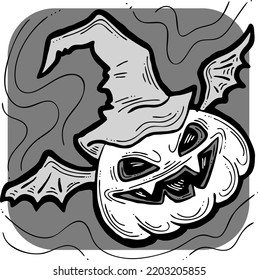 Halloween pumpkin monster head hand drawn illustration. Big round orange pumpkin. Cute and scary face ghost. Poster print design, party decoration, invitation deco. Vector drawing.