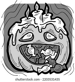 Halloween pumpkin monster head hand drawn illustration. Big round orange pumpkin. Cute and scary face ghost. Poster print design, party decoration, invitation deco. Vector drawing.