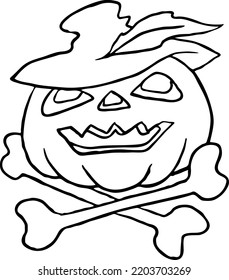 Halloween pumpkin monster head hand drawn illustration. Big round orange pumpkin. Cute and scary face ghost. Poster print design, party decoration, invitation deco. Vector drawing.