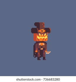halloween pumpkin monster man pixel art style game character icon vector illustration isolated on background