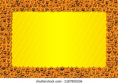 Halloween pumpkin monster, Halloween party greeting card, photo frame with a scary face gathering