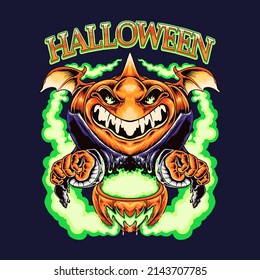 Halloween Pumpkin Monster Vector Illustration T shirt Design