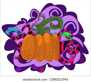 A Halloween pumpkin and a  monstrous creature, hiding behind it with candies; creepy art background. This cartoon illustration can be used for scary Halloween parties, invitations. Vector, isolated.