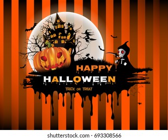 Halloween pumpkin and the moon Vector Design on Black and Orange stripe background, Happy Halloween text of Blood