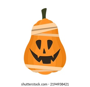 Halloween pumpkin in a mummy costume. Jack O Lantern cartoon character. Vector illustration icon isolated on white background.
