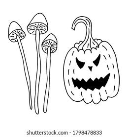 Halloween pumpkin and mushrooms. Hand-drawn in doodle style.
