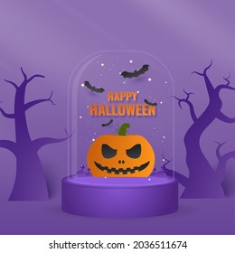 Halloween Pumpkin and natural light on purple background. Halloween sale promotion. Paper cut and craft style illustration