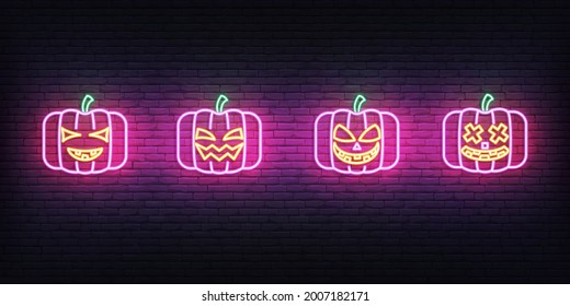Halloween pumpkin neon. Set of bright Jack O Lantern for Halloween celebration