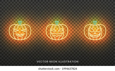 Halloween pumpkin neon sign. Set of bright Jack O Lantern for Halloween
