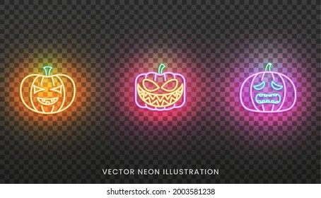 Halloween pumpkin neon sign. Set of bright colorful Jack O Lanterns for Halloween