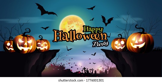 Halloween pumpkin night with moon and dark forest.