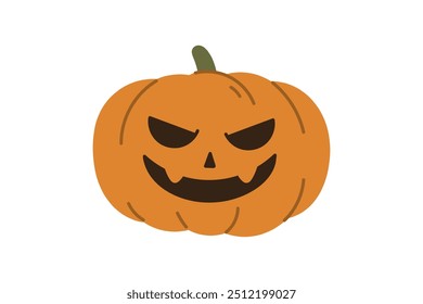 Halloween pumpkin, october holiday decorations, traditional fall squash, jack-o-lantern characters, creepy, smiling, fun carved pumpkin head, october holiday symbol flat vector illustration.
