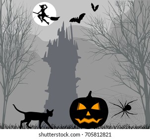 Halloween pumpkin on the background of forest and dark castle