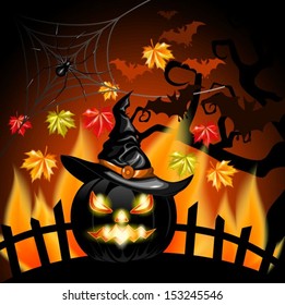 Halloween pumpkin on a black background fire