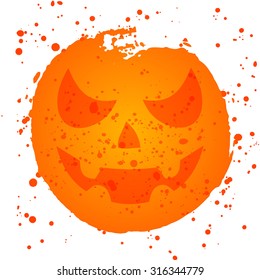 Halloween Pumpkin on bright watercolor background with stains and drops. Vector Illustration of Pumpkin face banner with halloween elements. Happy halloween poster.