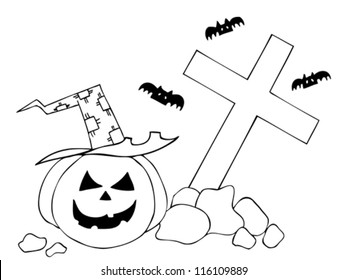 Halloween pumpkin on cemetery. Hand drawing vector, fully editable.