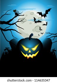 Halloween pumpkin on a cemetery , surrounded with old tree branches, bats, gravestones and cat on tree.